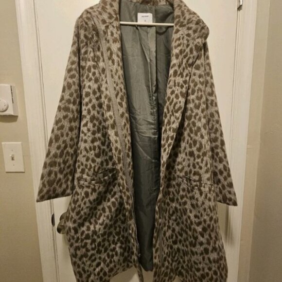 Old Navt Oversized Soft-Brushed Leopard-Print Plus-Size Tie-Belt Coat - Picture 1 of 5